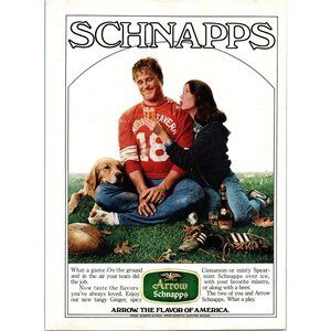 1981 Arrow Schnapps Vintage Print Ad Football Golden Retriever Dog 80s Wall Art